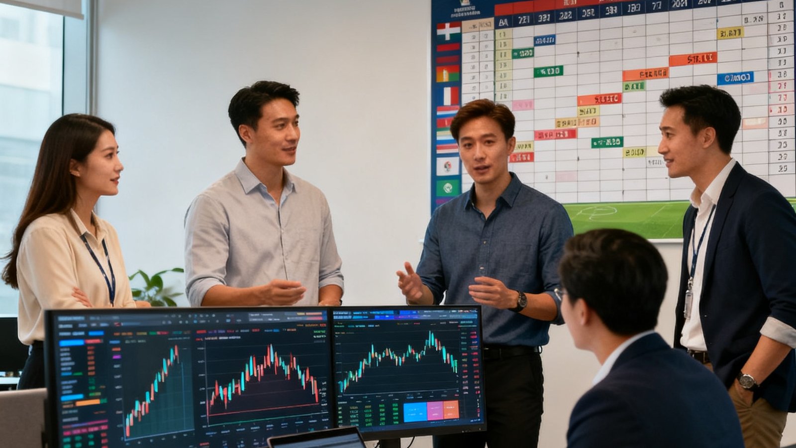 世界杯下单网站平台团队办公室，分析师在数据大屏前讨论模型，背景是世界杯赛程